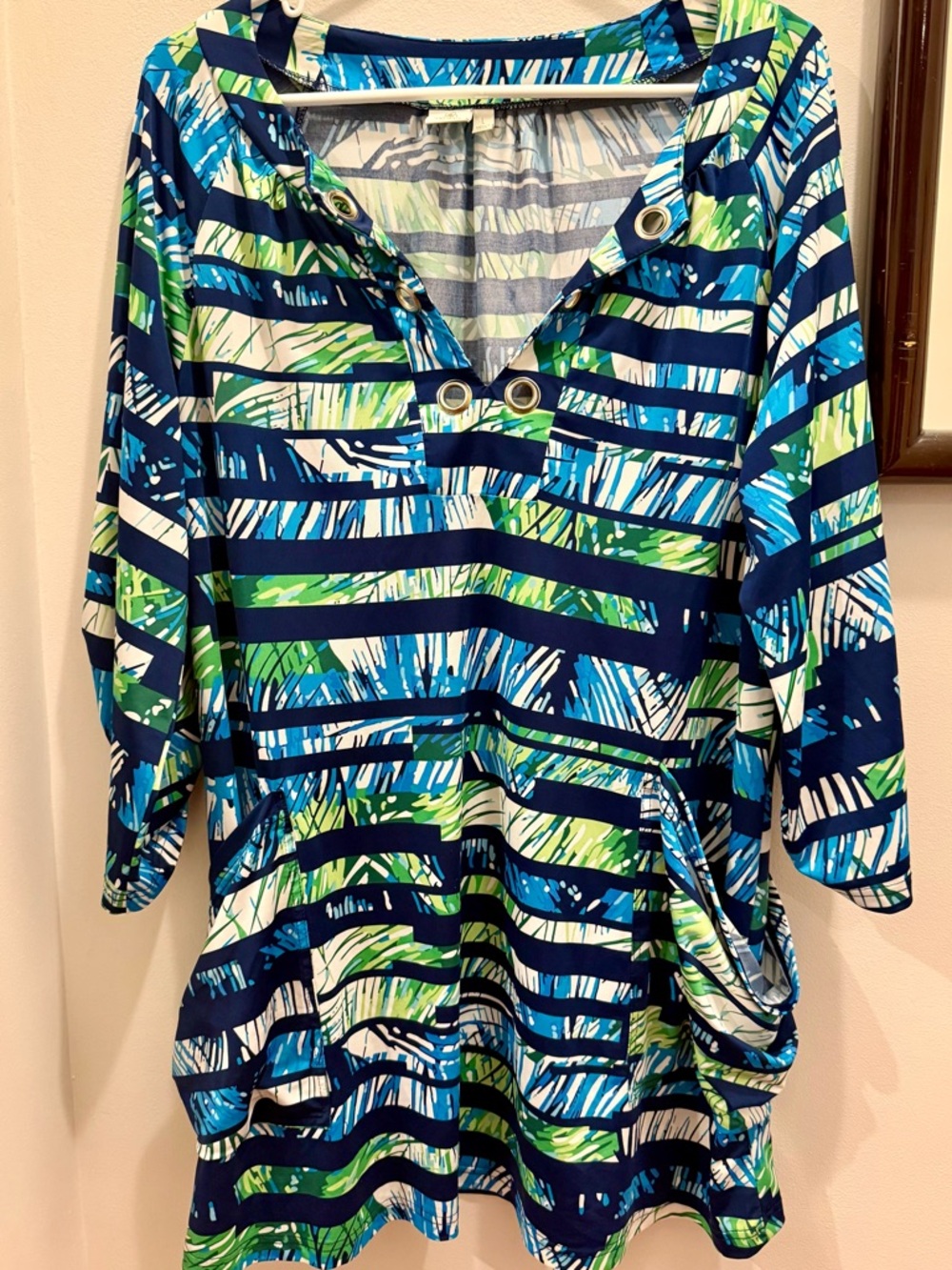 Saint Tropez West Tunic Top Womens Large Blue Green Beach Cover Up Resort Blouse